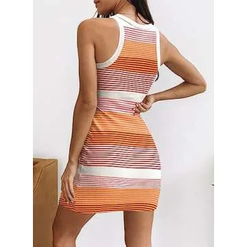 Samefar Womens Summer Sexy Bodycon Dress Scoop Neck Slim Ribbed Sleeveless Tank Dresses Striped Yellow Mini Dress Medium