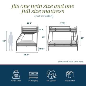 Novogratz Maxwell Metal Bunk Bed Frame for Kids and Teens, with Angled Ladder, High Guardrail and Me...