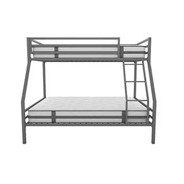 Novogratz Maxwell Metal Bunk Bed Frame for Kids and Teens, with Angled Ladder, High Guardrail and Metal Slats, No Boxspring Required, Underbed Storage Space, Twin-Over-Full, Gray