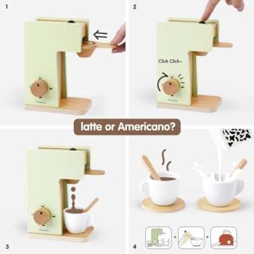 Pillowhale Kids Coffee Maker Playset,Wooden Toy Toaster,Toy Mixer,3-in-1 Kids Kitchen Playset,Pretend Play Kitchen Accessories,Wooden Kitchen Sets for Kids Toddlers Boys Girls Ages 3+