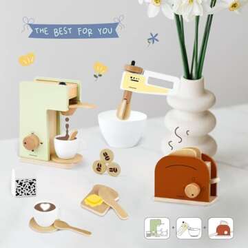 Pillowhale Kids Coffee Maker Playset,Wooden Toy Toaster,Toy Mixer,3-in-1 Kids Kitchen Playset,Pretend Play Kitchen Accessories,Wooden Kitchen Sets for Kids Toddlers Boys Girls Ages 3+