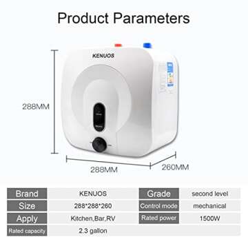 KENUOS Mini Tank Instant Hot Water Heater Plug in 110V 2.5 Gallon Under Sink Water Heater White Small Water Heater On Dermand,1500W Kitchen Rv Under Counter Water Heater with Safety Valve