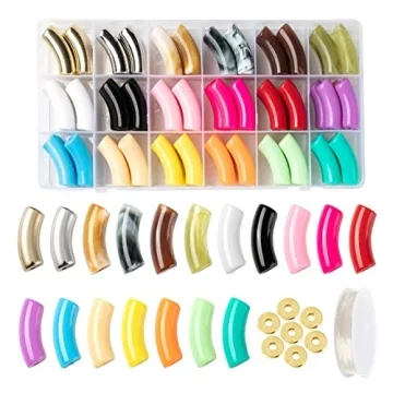 FASHEWELRY 72Pcs Acrylic Bamboo Tube Bangles Bracelet Colorful Chunky Stacking Curved Tube Beads wit...