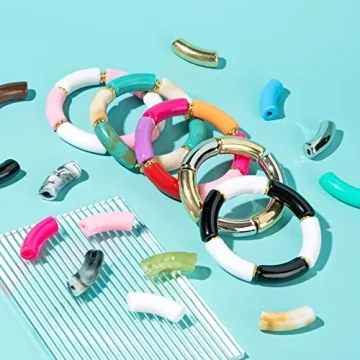 FASHEWELRY 72Pcs Acrylic Bamboo Tube Bangles Bracelet Colorful Chunky Stacking Curved Tube Beads with Disc Spacer Beads Elastic Crystal Thread for DIY Jewelry Making