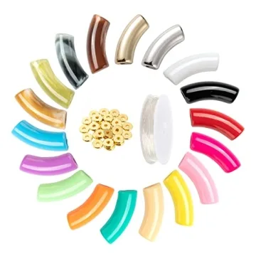 FASHEWELRY 72Pcs Acrylic Bamboo Tube Bangles Bracelet Colorful Chunky Stacking Curved Tube Beads with Disc Spacer Beads Elastic Crystal Thread for DIY Jewelry Making