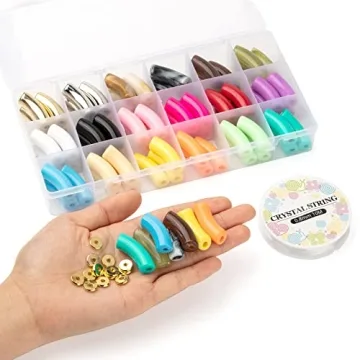 FASHEWELRY 72Pcs Acrylic Bamboo Tube Bangles Bracelet Colorful Chunky Stacking Curved Tube Beads with Disc Spacer Beads Elastic Crystal Thread for DIY Jewelry Making