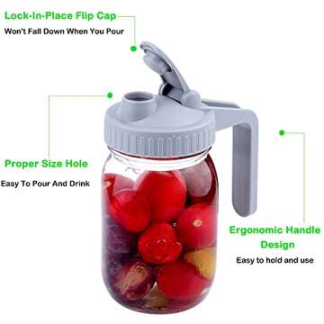Mason Jar Pour Spout Lid Regular Mouth With Handle, Airtight & Leak-Proof Flip Cap Lid, Easy open & ...