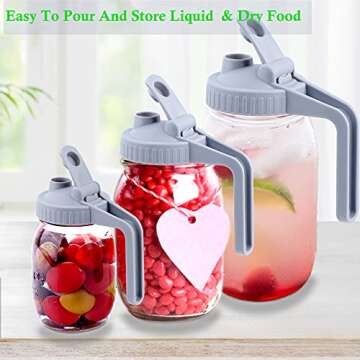 Mason Jar Pour Spout Lid Regular Mouth With Handle, Airtight & Leak-Proof Flip Cap Lid, Easy open & pour, Turns Your Mason Jar Into Pitcher for cold brew coffee, iced tea, milk (Jar Not Included)