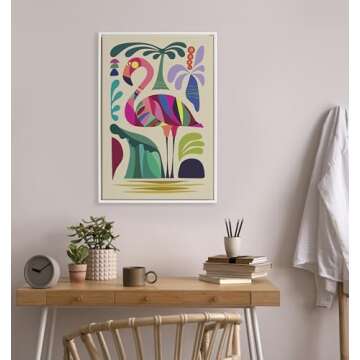 Kate and Laurel Sylvie Beaded MCM Flamingo Vintage Framed Canvas Wall Art by Rachel Lee, 23x33 White, Colorful Mid-Century Bird Art for Wall
