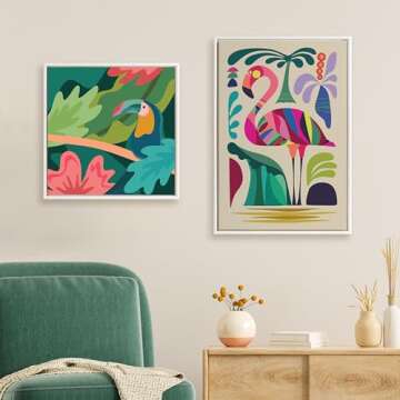 Kate and Laurel Sylvie Beaded MCM Flamingo Vintage Framed Canvas Wall Art by Rachel Lee, 23x33 White, Colorful Mid-Century Bird Art for Wall