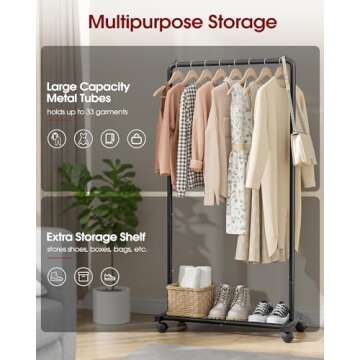 Sakugi Clothes Rack - Clothing Rack with Wheels, Multi-Functional Clothing Racks for Hanging Clothes and Shoes, Large Capacity Garment Rack for Bedroom, Living Room and Office, Black, Medium