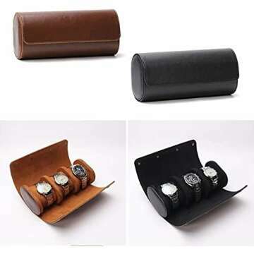 AENY Vintage Leather 3 Slots Watch Roll Travel Case