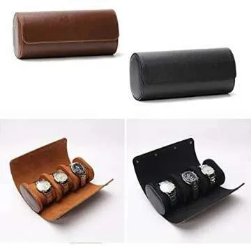 AENY Vintage Leather 3 Slots Watch Roll Travel Case