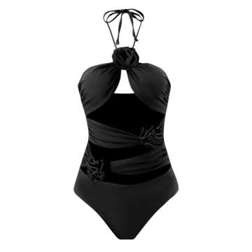IDOPIP Women's One Piece Swimsuit with Cover up Beach Skirt Retro Floral Printed Swimsuit Bathing Suit Halter Ruffle Cutout Monokini Swimwear Sarong Two Piece Bikini Set Beachwear Black - Halter S