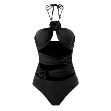 IDOPIP Women's One Piece Swimsuit with Cover up Beach Skirt Retro Floral Printed Swimsuit Bathing Suit Halter Ruffle Cutout Monokini Swimwear Sarong Two Piece Bikini Set Beachwear Black - Halter S