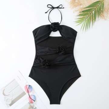 IDOPIP Women's One Piece Swimsuit with Cover up Beach Skirt Retro Floral Printed Swimsuit Bathing Suit Halter Ruffle Cutout Monokini Swimwear Sarong Two Piece Bikini Set Beachwear Black - Halter S
