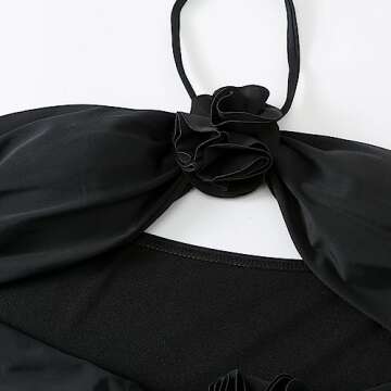 IDOPIP Women's One Piece Swimsuit with Cover up Beach Skirt Retro Floral Printed Swimsuit Bathing Suit Halter Ruffle Cutout Monokini Swimwear Sarong Two Piece Bikini Set Beachwear Black - Halter S