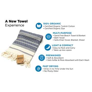 DEMMEX Certified Organic Turkish Cotton Soft Bath Towel - Luxury Oversized Peshtemal for Bathroom, Bath Sheet - Lightweight Quick-Drying Beach Towel - Prewashed, Diamond Weave, 71x36'' (Navy)