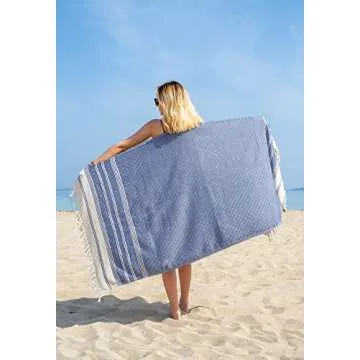 DEMMEX Certified Organic Turkish Cotton Soft Bath Towel - Luxury Oversized Peshtemal for Bathroom, Bath Sheet - Lightweight Quick-Drying Beach Towel - Prewashed, Diamond Weave, 71x36'' (Navy)