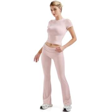 SUUKSESS Women 2 Piece Lounge Sets Trendy Y2K Foldover Pants Crew Neck Tops (Pink, M)