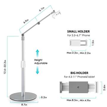 Viozon Tablet Phone Overhead Stand, Height & 360 Degree Angle Adjustable, Aluminum Desktop Stand, Compatible with 3.5-11" Cellphone or Tablet Such as iPhone iPad Pro Air Mini, Samsung, Nexus(AP-4PS)