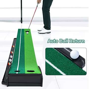 Dollox Putting Green Golf Putting Mat for Indoor, Putting Matt with Auto Ball Return, Mini Golf Set Golf Accessories for Men, Indoors Golf Matt for Home Office, Gifts for Golfer