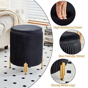 Mxfurhawa Round Ottoman Foot Stool with Storage and Metal Legs for Living Room Bedroom, Velvet Upholstered Footrest Stool Support 300lbs Modern Padded Seat Ottoman Coffee Table (Black)