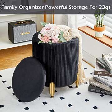 Mxfurhawa Round Ottoman Foot Stool with Storage and Metal Legs for Living Room Bedroom, Velvet Upholstered Footrest Stool Support 300lbs Modern Padded Seat Ottoman Coffee Table (Black)