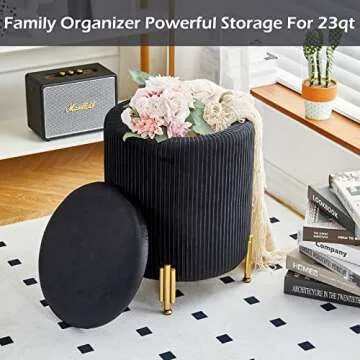 Mxfurhawa Round Ottoman Foot Stool with Storage and Metal Legs for Living Room Bedroom, Velvet Upholstered Footrest Stool Support 300lbs Modern Padded Seat Ottoman Coffee Table (Black)