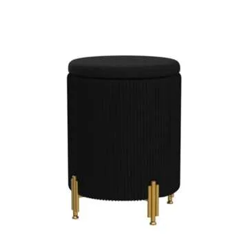 Mxfurhawa Round Ottoman Foot Stool with Storage and Metal Legs for Living Room Bedroom, Velvet Upholstered Footrest Stool Support 300lbs Modern Padded Seat Ottoman Coffee Table (Black)