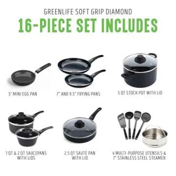 GreenLife Soft Grip 16 Piece Cookware Set, Non-Toxic PFAS-Free Ceramic Nonstick, Frying, Sauce, Saute, Utensils, Glass Lids, Stay-Cool Handles, Wobble Free, Dishwasher & Oven Safe, Black Diamond