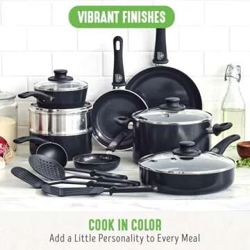 GreenLife Soft Grip 16 Piece Cookware Set, Non-Toxic PFAS-Free Ceramic Nonstick, Frying, Sauce, Saute, Utensils, Glass Lids, Stay-Cool Handles, Wobble Free, Dishwasher & Oven Safe, Black Diamond