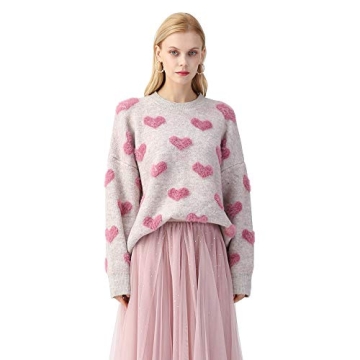 CHICWISH Women's Comfy Casual Pink Fuzzy Hearts Knit Sweater Pullover Sweatershirt