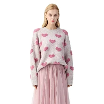 CHICWISH Women's Comfy Casual Pink Fuzzy Hearts Knit Sweater Pullover Sweatershirt