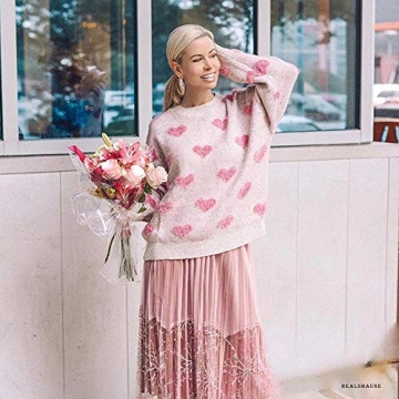 CHICWISH Women's Comfy Casual Pink Fuzzy Hearts Knit Sweater Pullover Sweatershirt