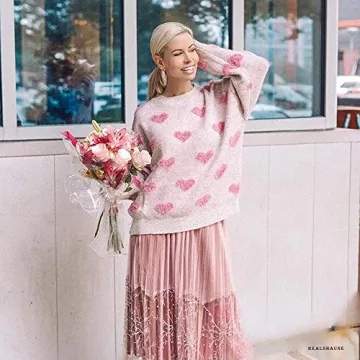 CHICWISH Women's Comfy Casual Pink Fuzzy Hearts Knit Sweater Pullover Sweatershirt