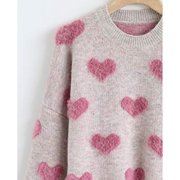 CHICWISH Women's Comfy Casual Pink Fuzzy Hearts Knit Sweater Pullover Sweatershirt