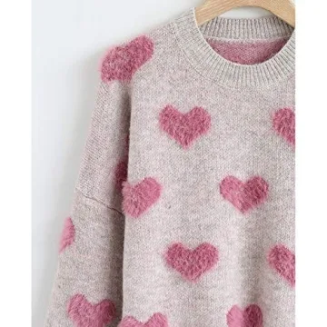 CHICWISH Women's Comfy Casual Pink Fuzzy Hearts Knit Sweater Pullover Sweatershirt