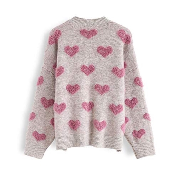 CHICWISH Women's Comfy Casual Pink Fuzzy Hearts Knit Sweater Pullover Sweatershirt
