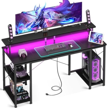 ODK 55 inch Gaming Desk with LED Lights & Power Outlets, Computer Desk with Monitor Stand & Storage ...