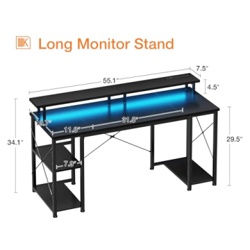 ODK Gaming Desk with LED Lights and Monitor Stand
