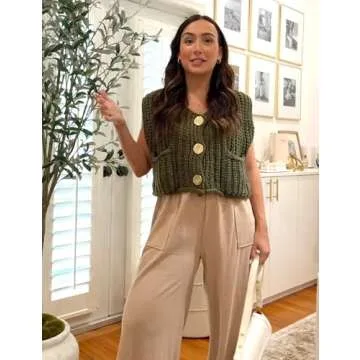 Hvewarm Womens Casual Chunky Knit Vest Gold Button Down Crop Crochet Sleeveless Sweater Vest (ArmyGreen-M)
