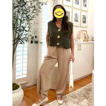 Hvewarm Womens Casual Chunky Knit Vest Gold Button Down Crop Crochet Sleeveless Sweater Vest (ArmyGreen-M)