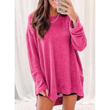 SHEWIN Spring 2025 Womens Fashion Loose Fit Crewneck Long Sleeve Tops for Women Waffle Knit Tops Ove...