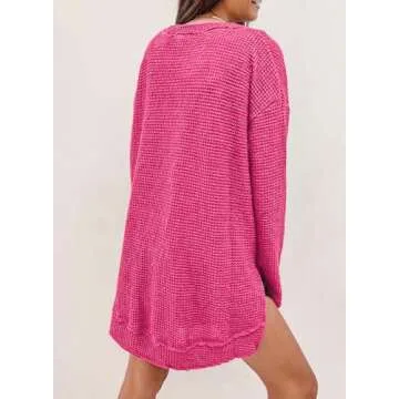 SHEWIN Spring 2025 Womens Fashion Loose Fit Crewneck Long Sleeve Tops for Women Waffle Knit Tops Oversized Sweatshirt For Women,(US 12-14) L,Rose Red