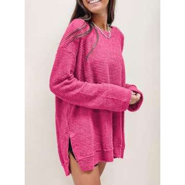 SHEWIN Spring 2025 Womens Fashion Loose Fit Crewneck Long Sleeve Tops for Women Waffle Knit Tops Oversized Sweatshirt For Women,(US 12-14) L,Rose Red