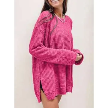SHEWIN Spring 2025 Womens Fashion Loose Fit Crewneck Long Sleeve Tops for Women Waffle Knit Tops Oversized Sweatshirt For Women,(US 12-14) L,Rose Red