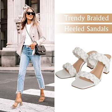 Athlefit Women's Braided Heels Square Toe Strappy Braided Sandals Slides Slip On Woven Block White H...