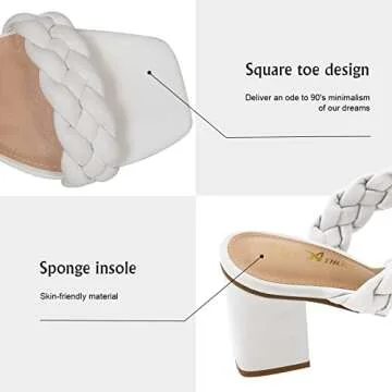 Athlefit Women's Braided Heels Square Toe Strappy Braided Sandals Slides Slip On Woven Block White Heels Size 7