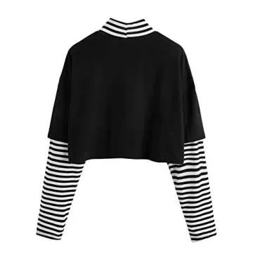 SweatyRocks Women's Color Block Butterfly Print Striped Long Sleeve Crop Top T Shirt Graphic Black W...